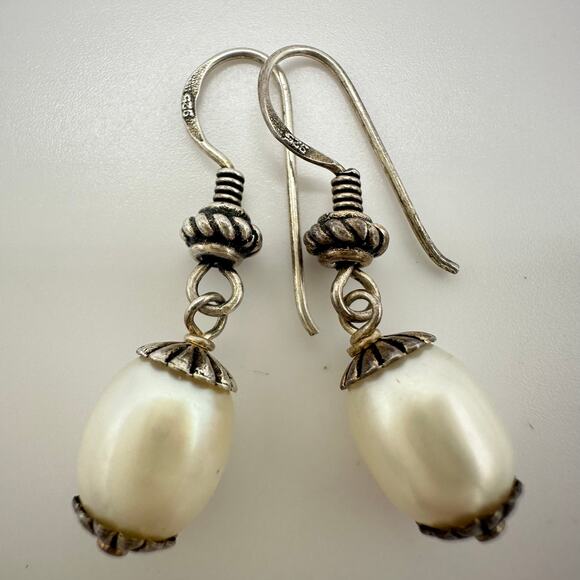 925 sterling silver genuine white freshwater pearls hook dangle drop earrings - Picture 2 of 8